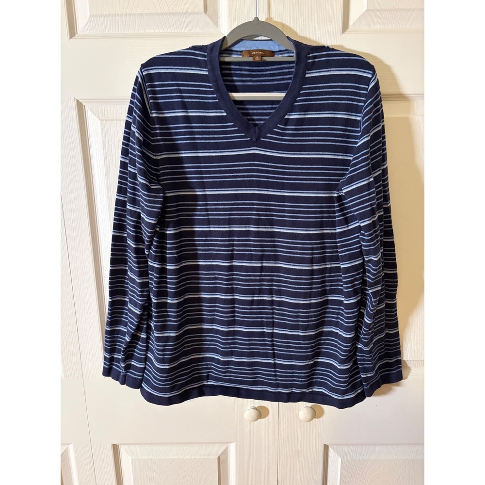 Merona Mens XL Navy Blue Striped V-Neck Pullover Sweater 100% Cotton Long Sleeve